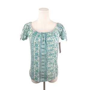 NWOT Planet Gold Aqua Floral Striped Boho Adjustable Sleeve Top S